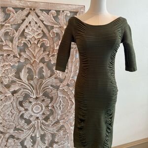 Olive Green Ruched Bodycon Midi Dress – Sleek & Sophisticated